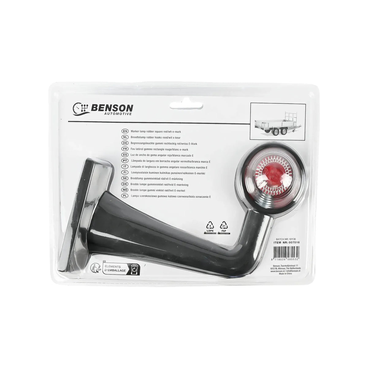 Benson Automotive Breedtelamp rubber haaks 185 mm rood/wit e keur