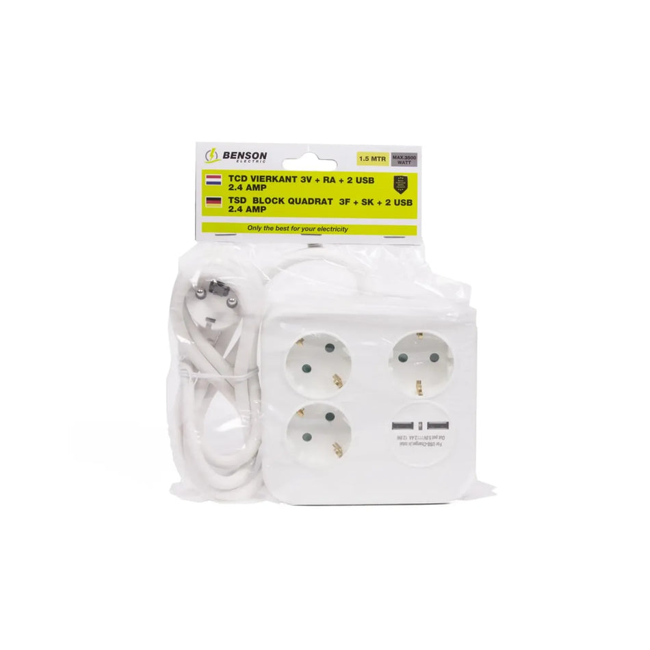 Benson Electric Stekkerdoos 3-voudig + RA + 2 USB 2.4a 1.5 m vierkant