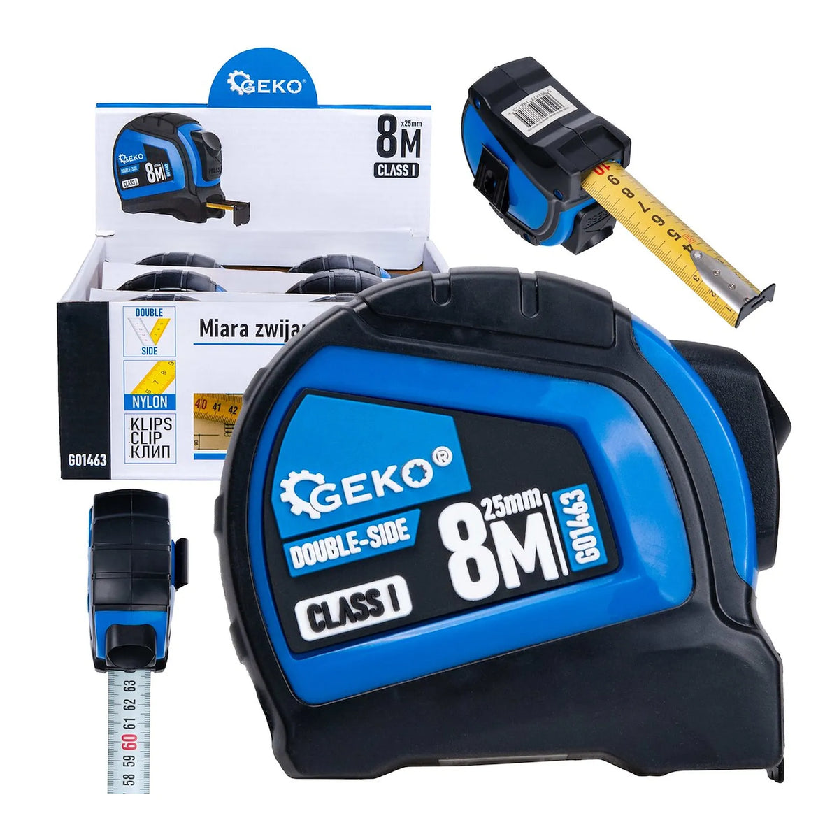 GEKO Dubbelzijdige nylon meetband met autostop 8m/25 mm klasse I