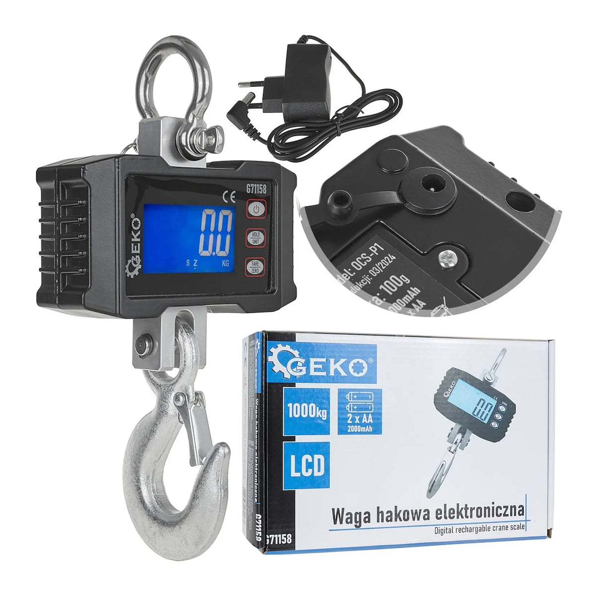 GEKO Digitale oplaadbare haakweger 1000 kg met LCD-display