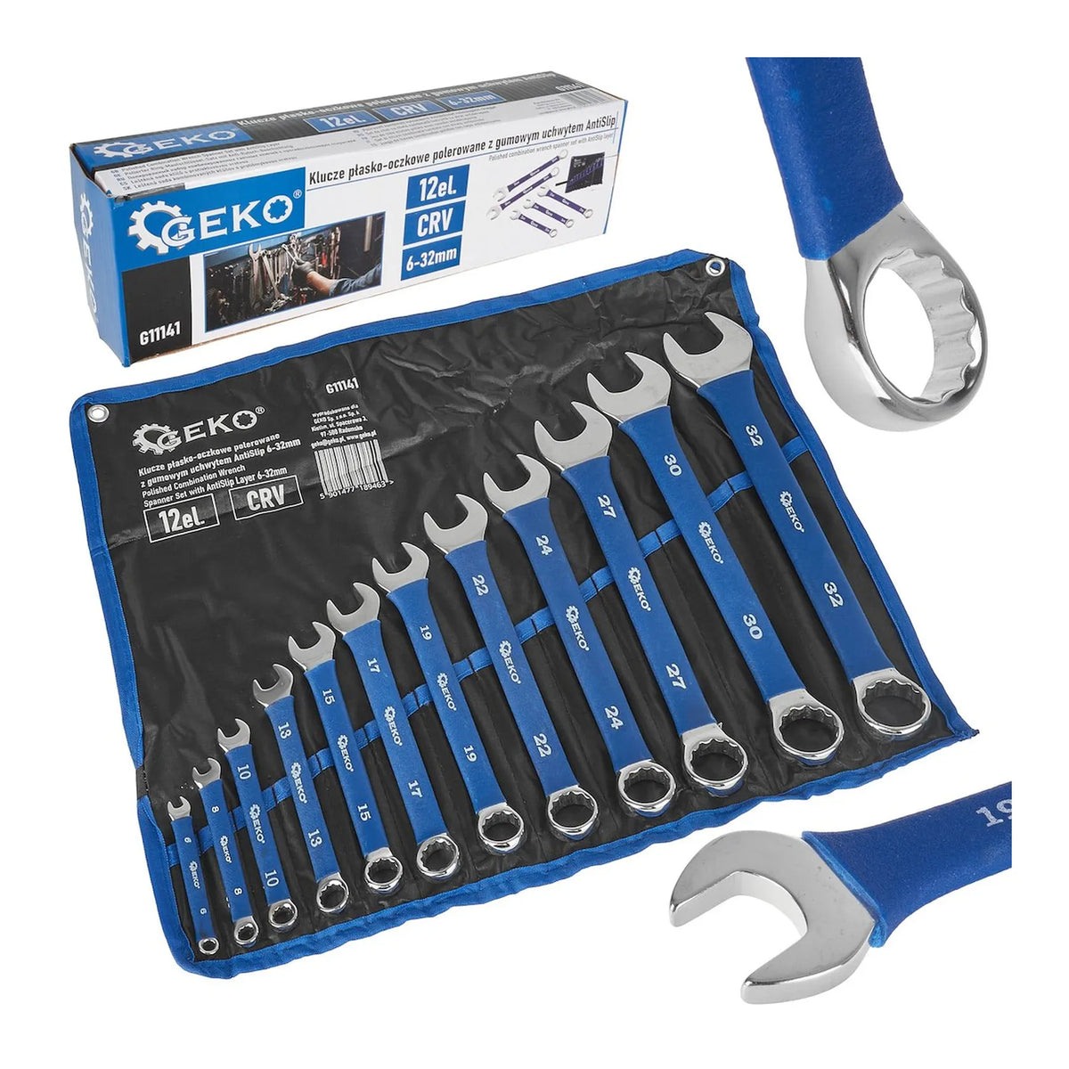 GEKO Platte-ringsteeksleutelset met AntiSlip greep 6 - 32 mm, 12-delig