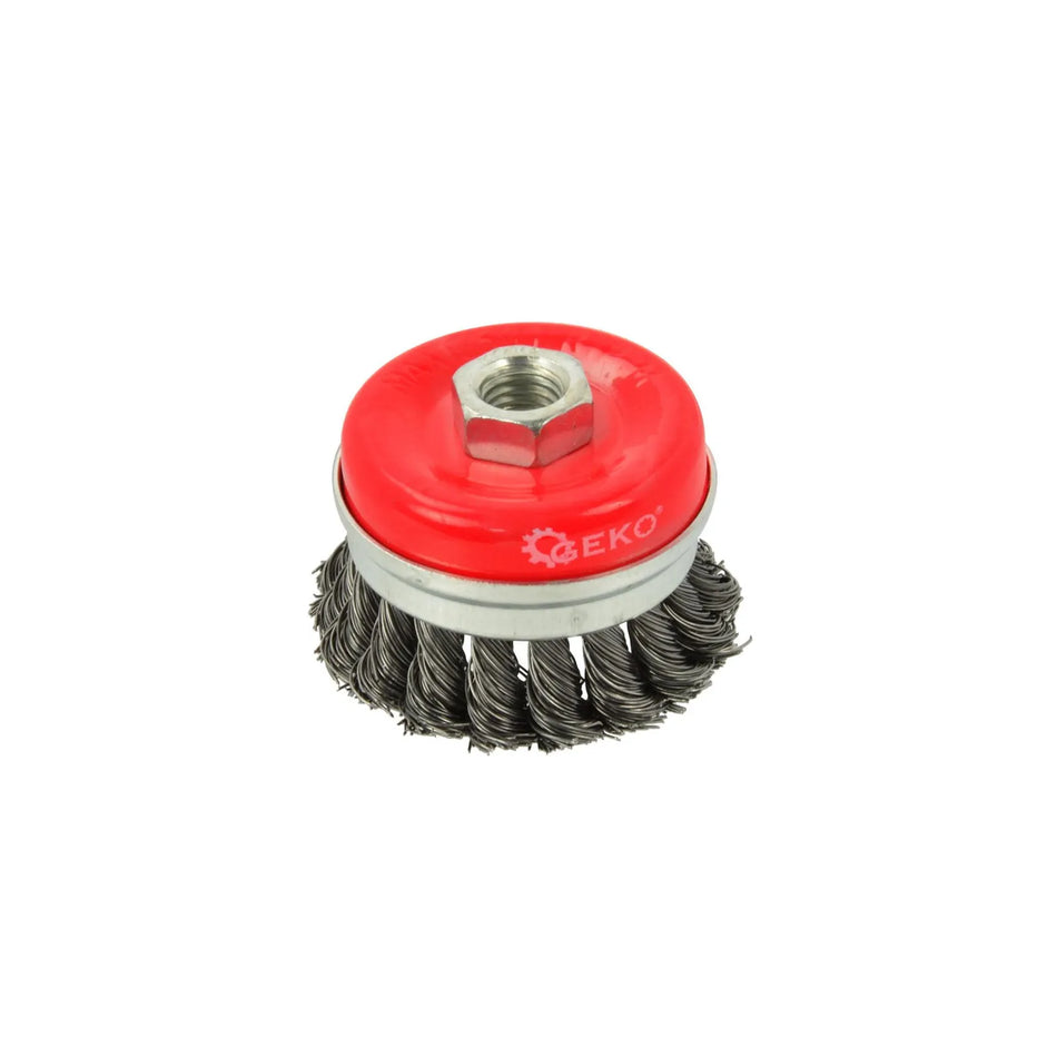 GEKO Cupborstel twisted knot stalen draad M14 65 mm met band