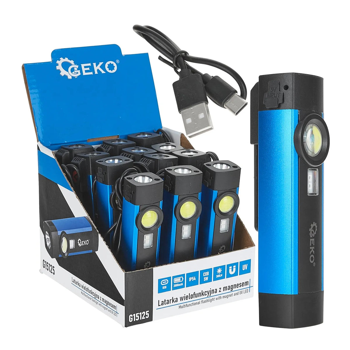 GEKO Multifunctionele zaklamp met magneten en UV COB LED 5 W 2000mAh