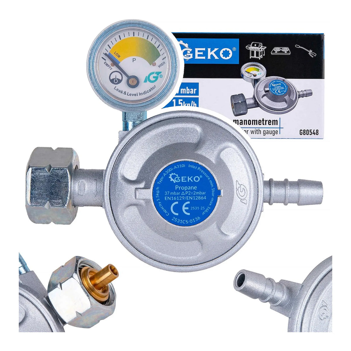 GEKO Gasdrukregelaar met manometer 37mbar 1,5 kg/h propane-butaan