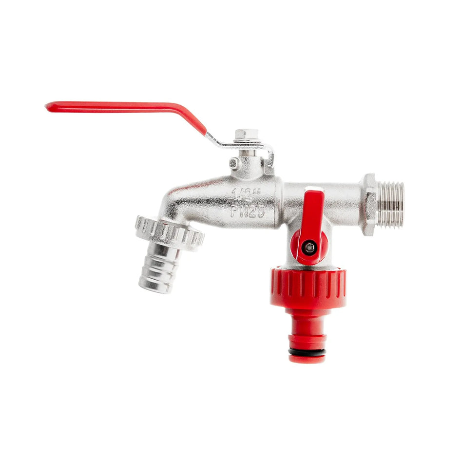 GEKO dubbele 1/2" kraan met twee 3/4" uitgangen en tuinslangkoppeling 275g