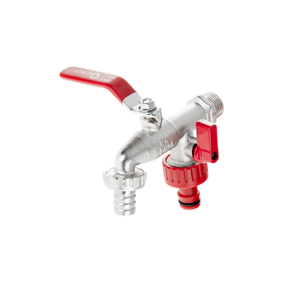 GEKO dubbele 1/2" kraan met twee 3/4" uitgangen en tuinslangkoppeling 275g
