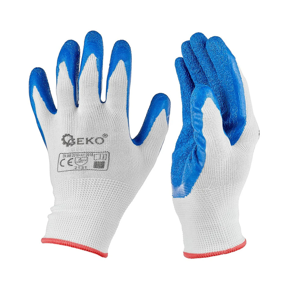 GEKO Polyester werkhandschoenen met latex coating maat 7 wit/blauw