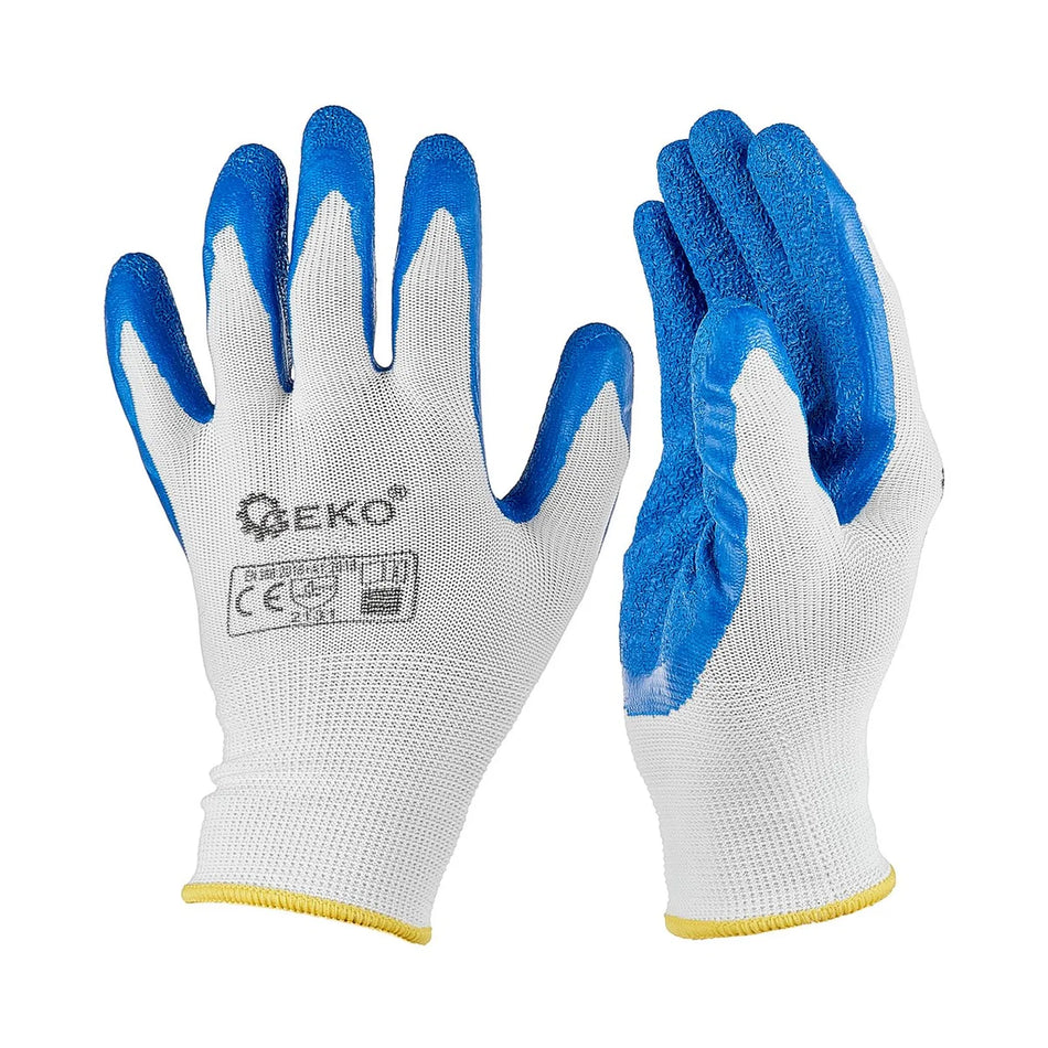 GEKO Polyester werkhandschoenen met latex coating maat 8 wit/blauw