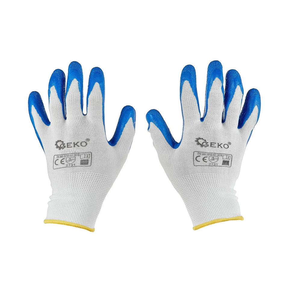 GEKO Polyester werkhandschoenen met latex coating maat 8 wit/blauw