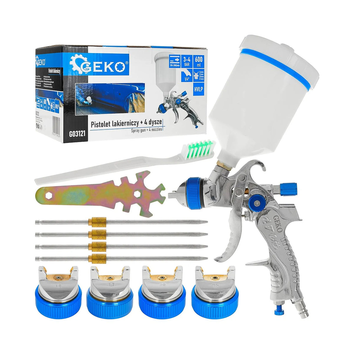 GEKO Spray gun HVLP met 600 ml pot en 4 spuitmonden 1,4 - 1,7 - 2,0 - 2,5 mm