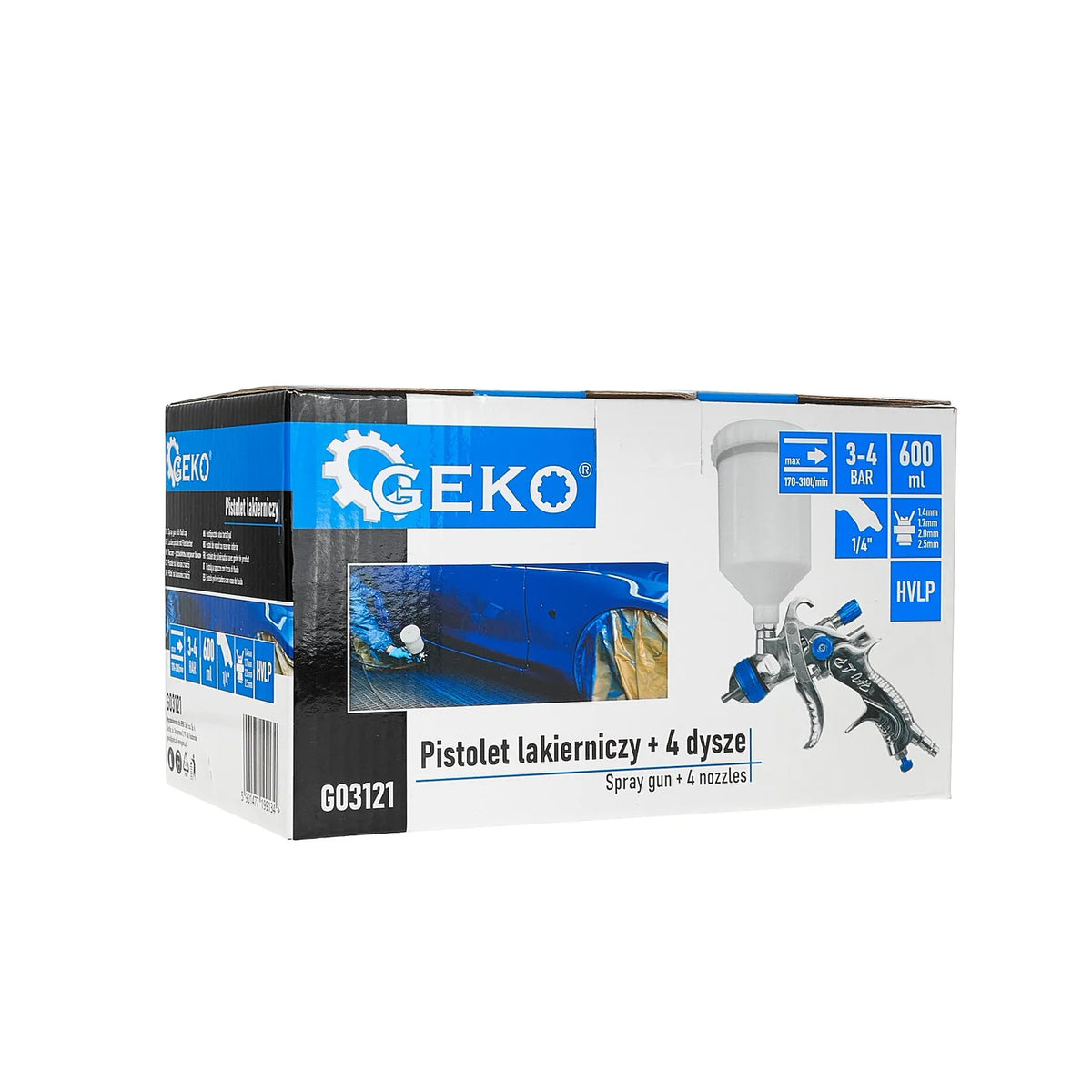 GEKO Spray gun HVLP met 600 ml pot en 4 spuitmonden 1,4 - 1,7 - 2,0 - 2,5 mm