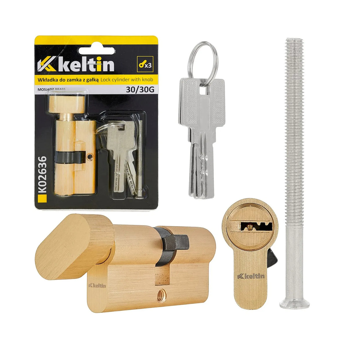 Keltin cilinderslot met draaiknop 30/30G mm geborsteld messing