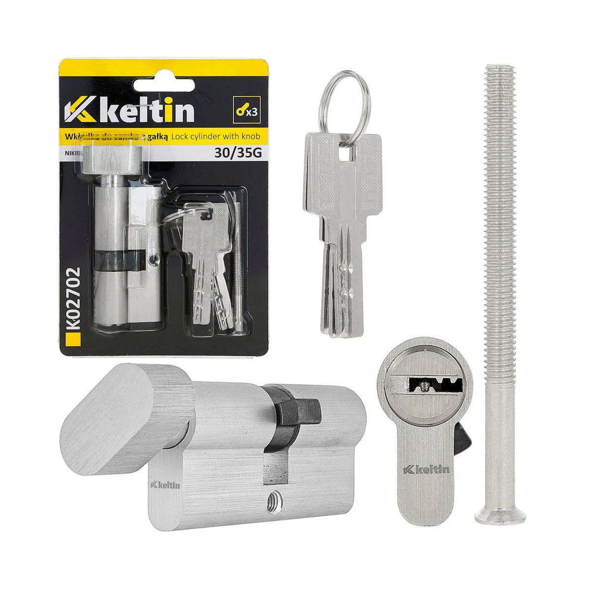 Keltin cilinderslot met knop in geborsteld nikkel 30/35Gmm