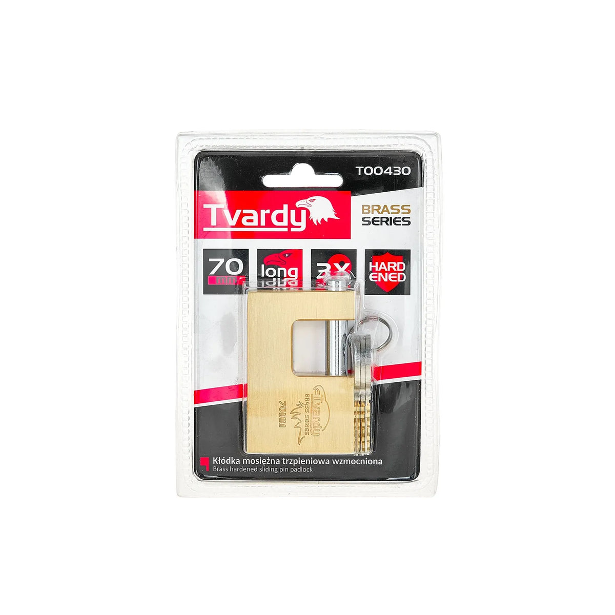 Tvardy Messing gehard schijfhangslot 70 mm Brass-Series