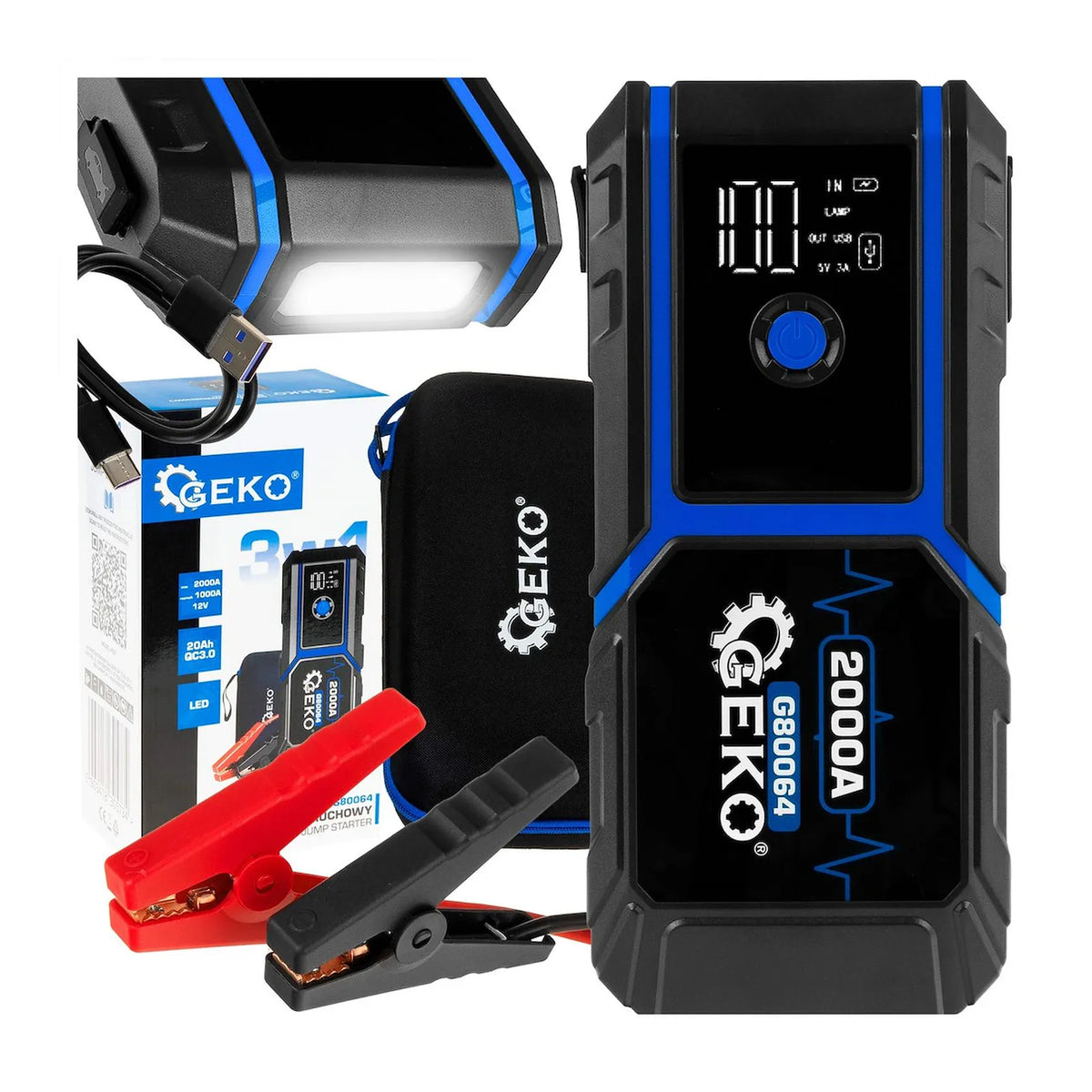GEKO Jump Starter 12 V 20000mAh 1000 A LED QC3.0 Powerbank