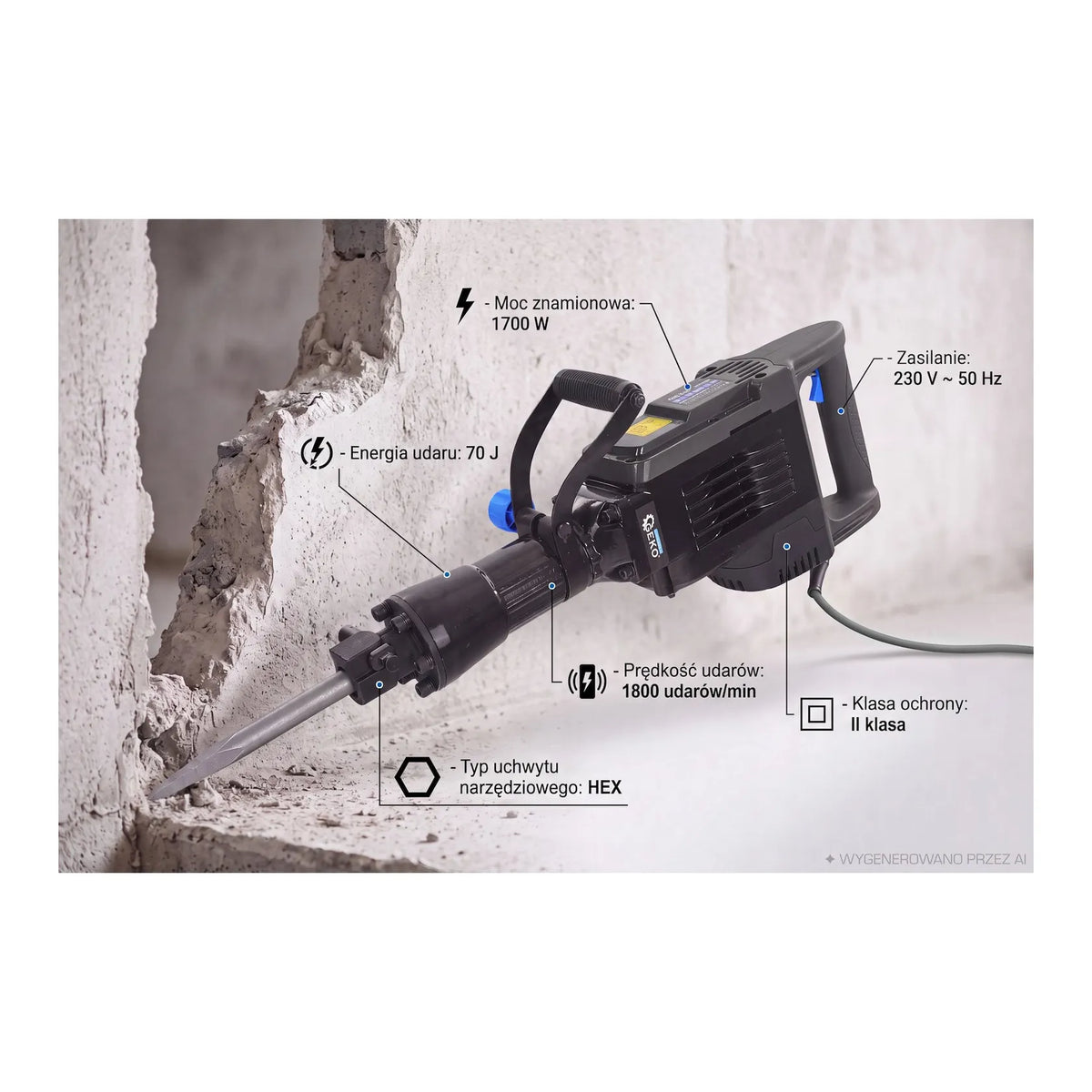 GEKO Sloopbreker 70J 1700 W met accessoires en HEX 30 mm houder