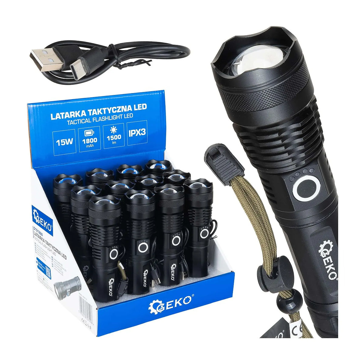 GEKO LED tactische zaklamp XHP50 15 W 1500lm 1800mAh USB-C
