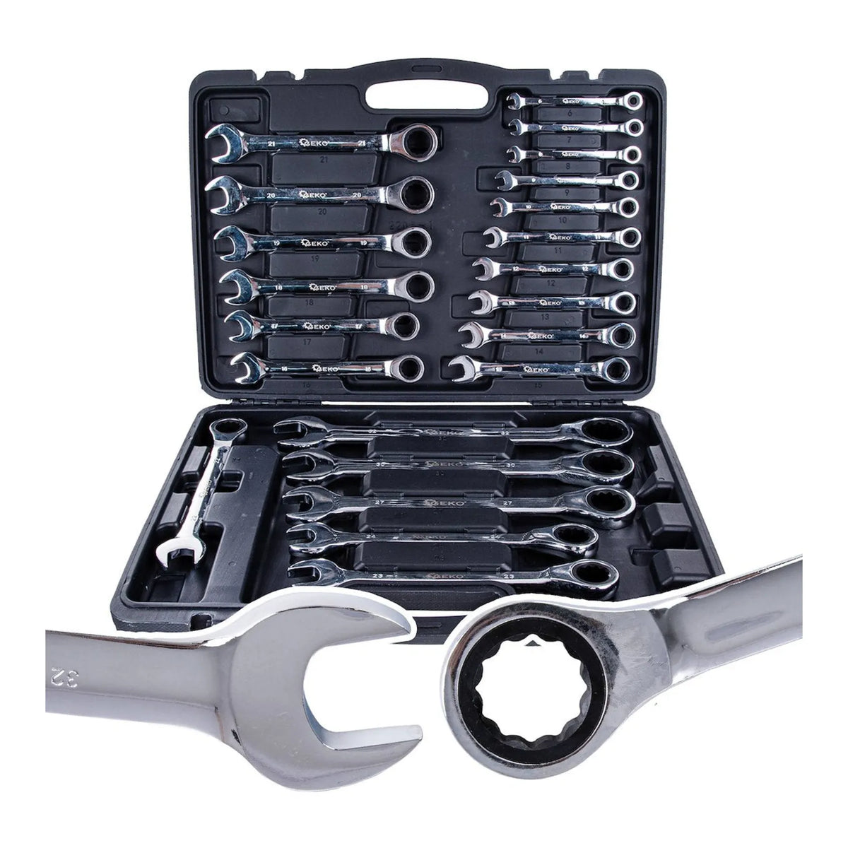 GEKO Ratelsleutel set 6-32mm 22-delig met aluminium koffer