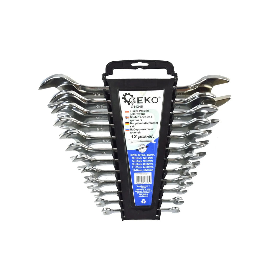 GEKO gepolijste doppenset open einde 6-32 mm 12-delig CrV met opbergrek
