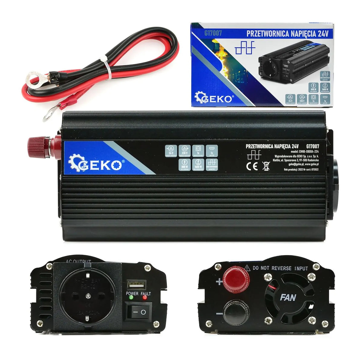 GEKO Spanningomvormer 24V/230V 800/1600W met USB-poort en koeling