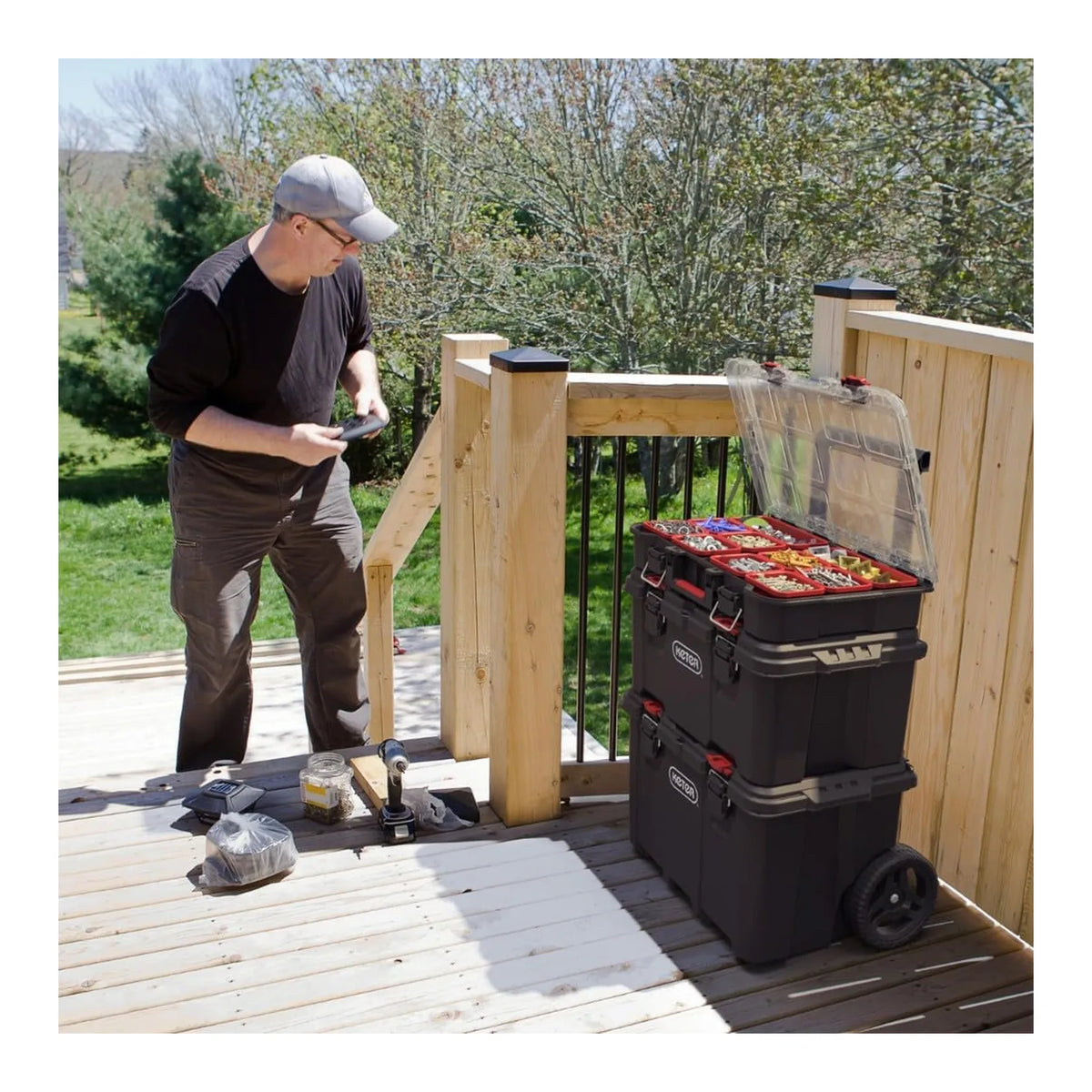 KETER Set 3 opbergboxen 150L Stack`n`roll / zwart / Rood