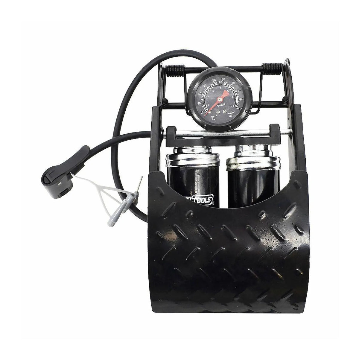 AWTools voetpomp met dubbele cilinder en manometer 0 - 7 bar