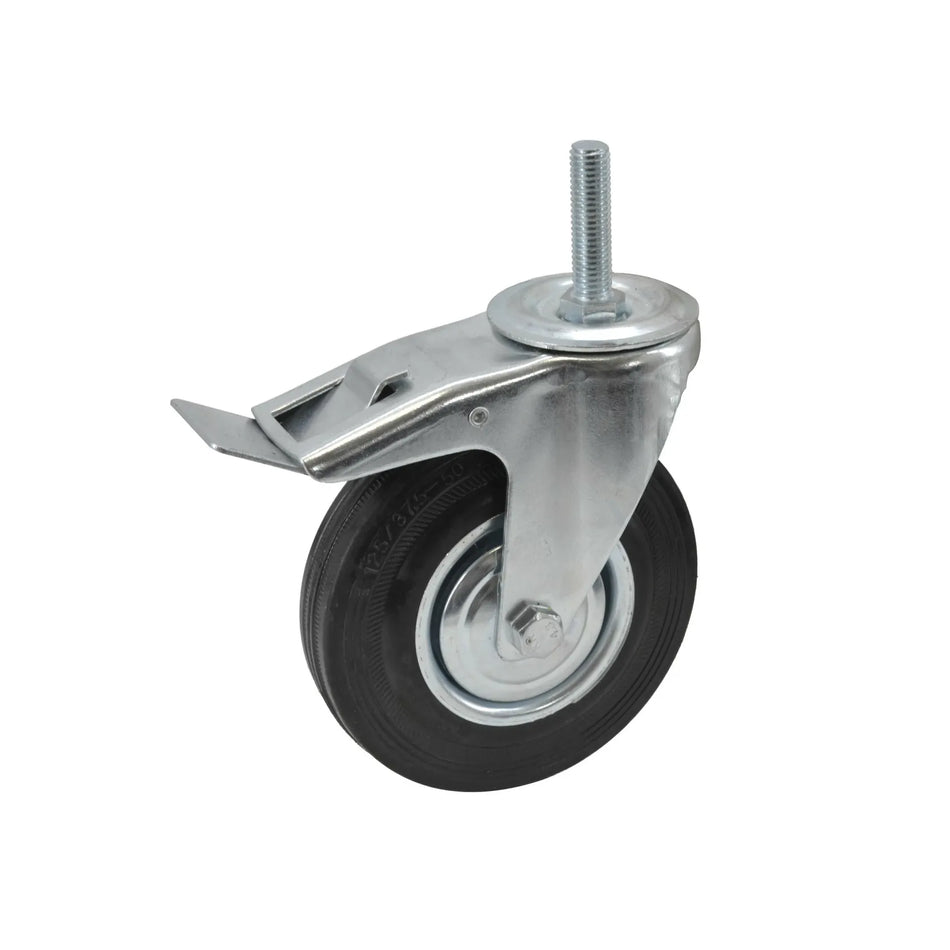 AWTools Zwenkwiel met rem volledige rubber 100 mm met draadeind