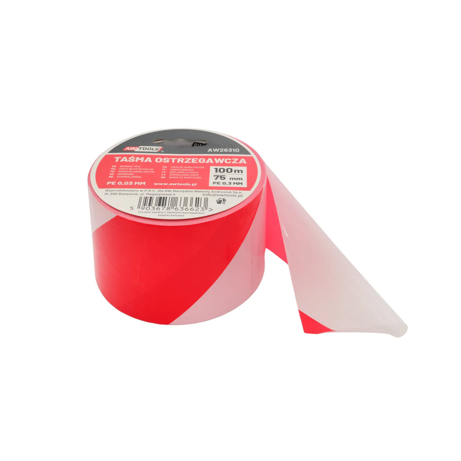 AWTools Waarschuwingslint wit-rood 75 mm x 100m