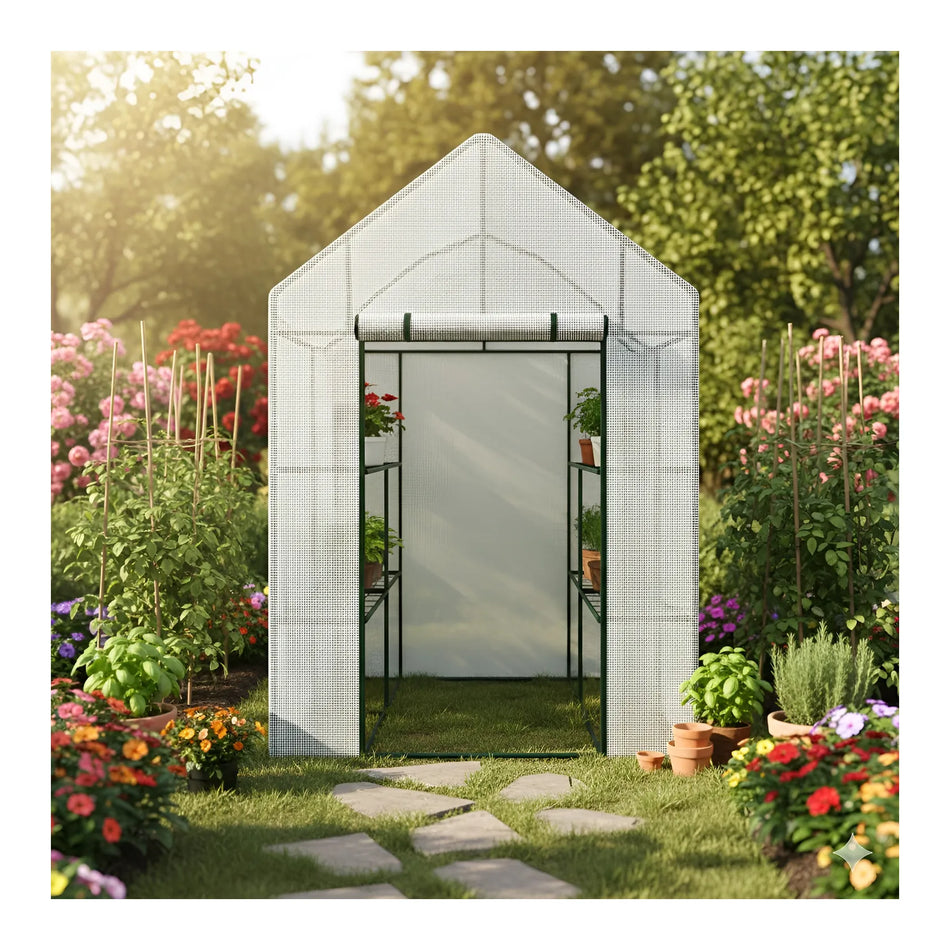 AWTools Tuinkas wit met 8 planken 140x140x200cm