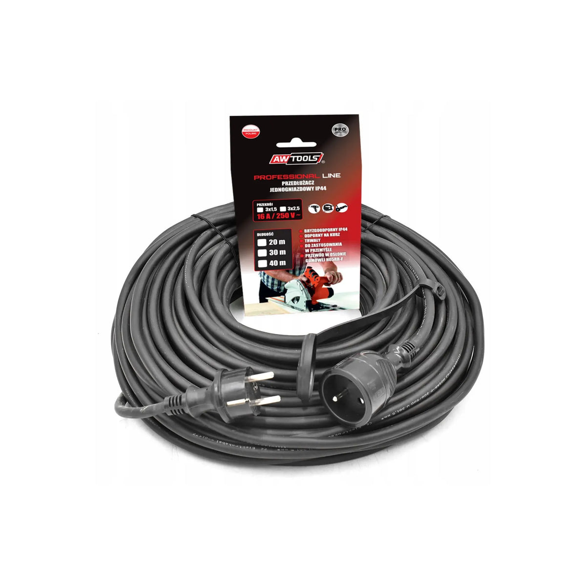 AWTools verlengsnoer professioneel met IP44 bescherming 40m 3x1,5mm