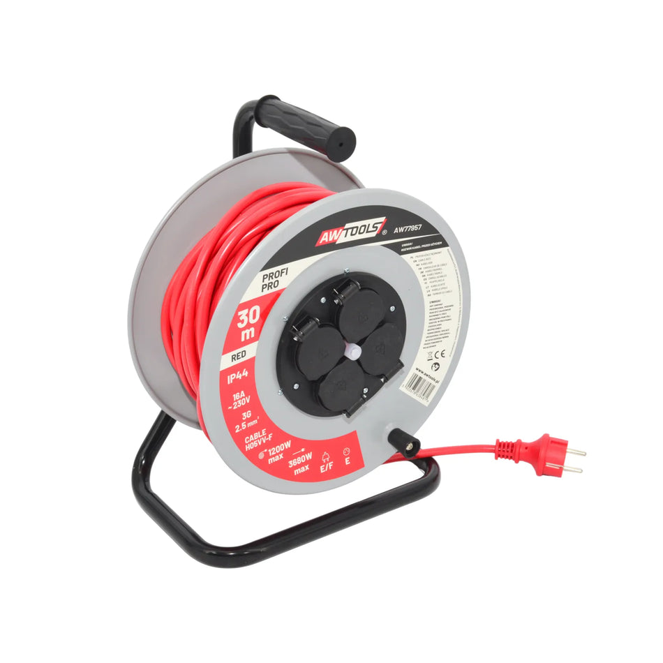 AWTools verlengsnoer haspel met metalen behuizing rood 50m 16 A IP44