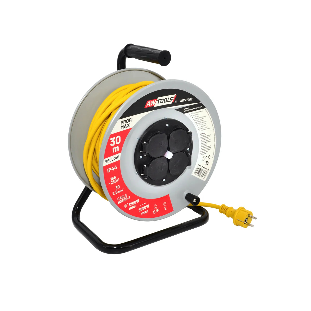 AWTools Verlengsnoerhaspel met metalen behuizing 20m 3x2,5 mm geel IP44