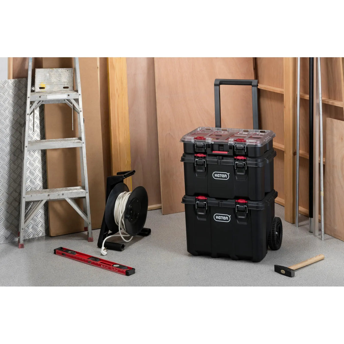 KETER Set 3 opbergboxen 150L Stack`n`roll / zwart / Rood