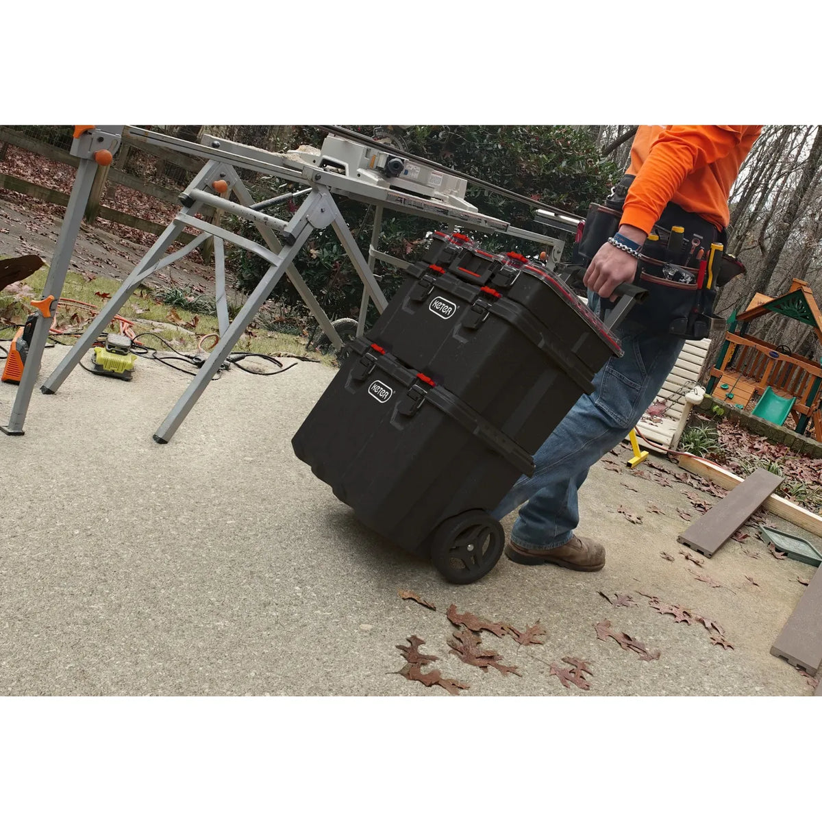 KETER Set 3 opbergboxen 150L Stack`n`roll / zwart / Rood