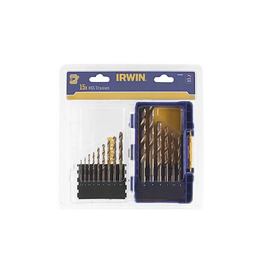 IRWIN Set 15 stuks hss tin 1.5mm, 2mm, 2.5mm, 3mm, 3.5mm, 4mm, 4.5mm, 5mm, 5.5mm, 6mm, 6.5mm, 7mm, 8mm, 9mm, 10mm