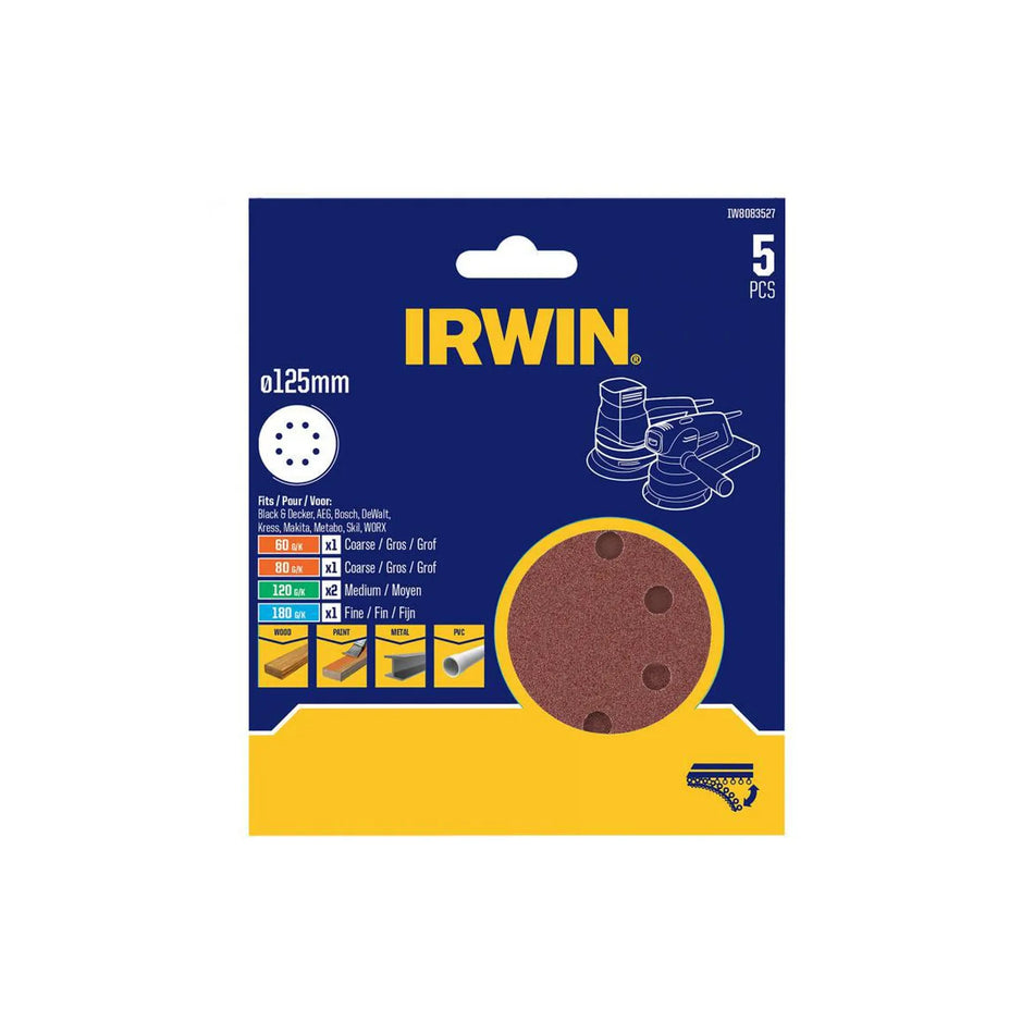 IRWIN Schuurschijf schuur perforatie 125mm p 60(x1), 80(x1), 120(x2), 180(x1) /5 stuks
