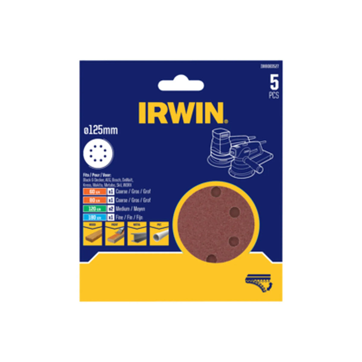 IRWIN Schuurschijf schuur perforatie 125mm p 60(x1), 80(x1), 120(x2), 180(x1) /5 stuks