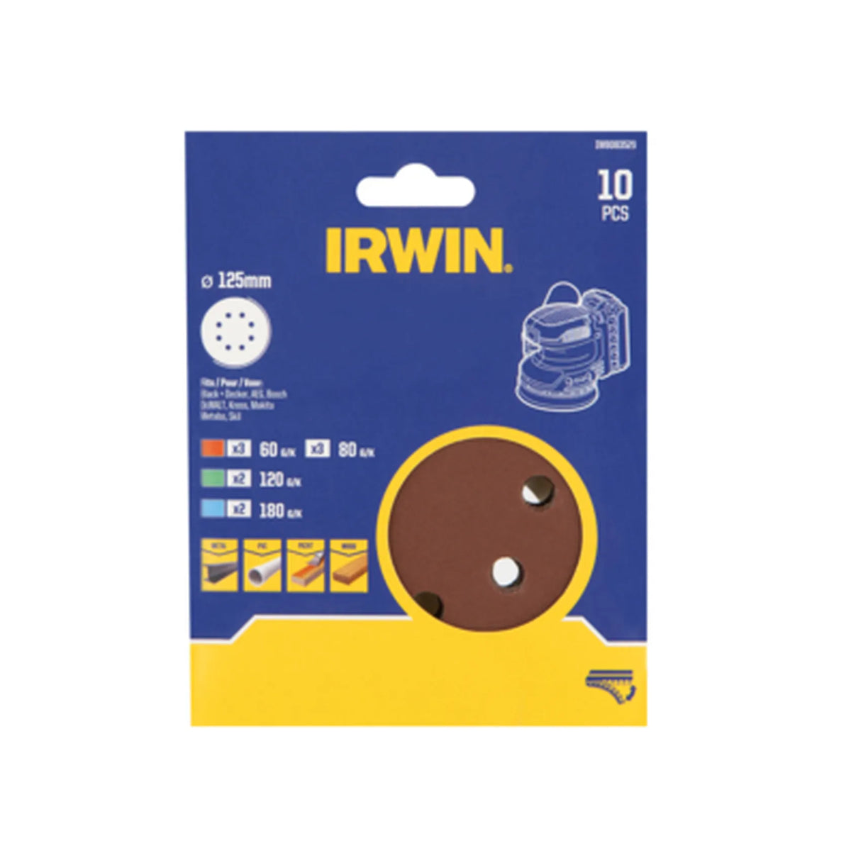 IRWIN Schuurschijf schuur perforatie 125mm p 60(x3), 80(x3), 120(x2), 180(x2) /10 stuks